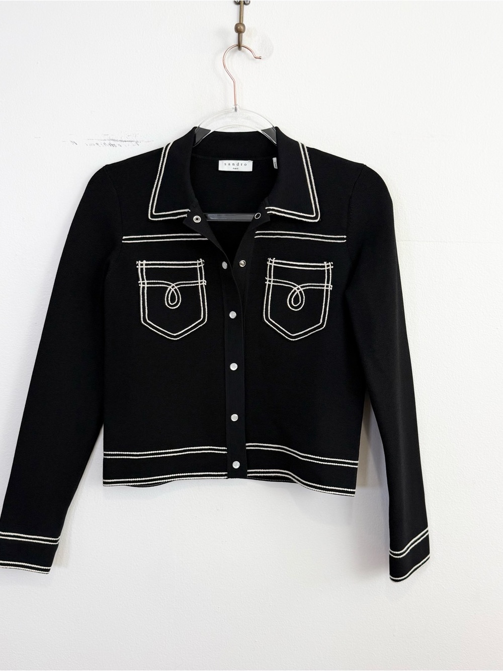 Sandro Size 2 Medium Topstitched Denim Style Milano Cardigan Black White Trim - Picture 2 of 6